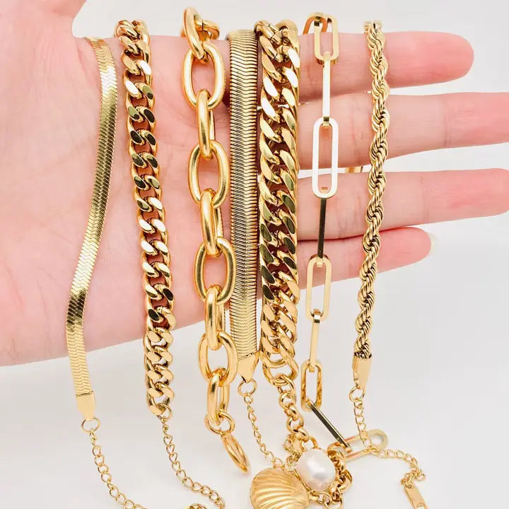 Multi Style 18K Gold Plated Steel Chain Stackable Bracelets - Fgs