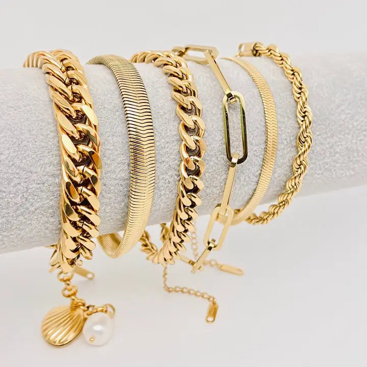 Multi Style 18K Gold Plated Steel Chain Stackable Bracelets - Fgs