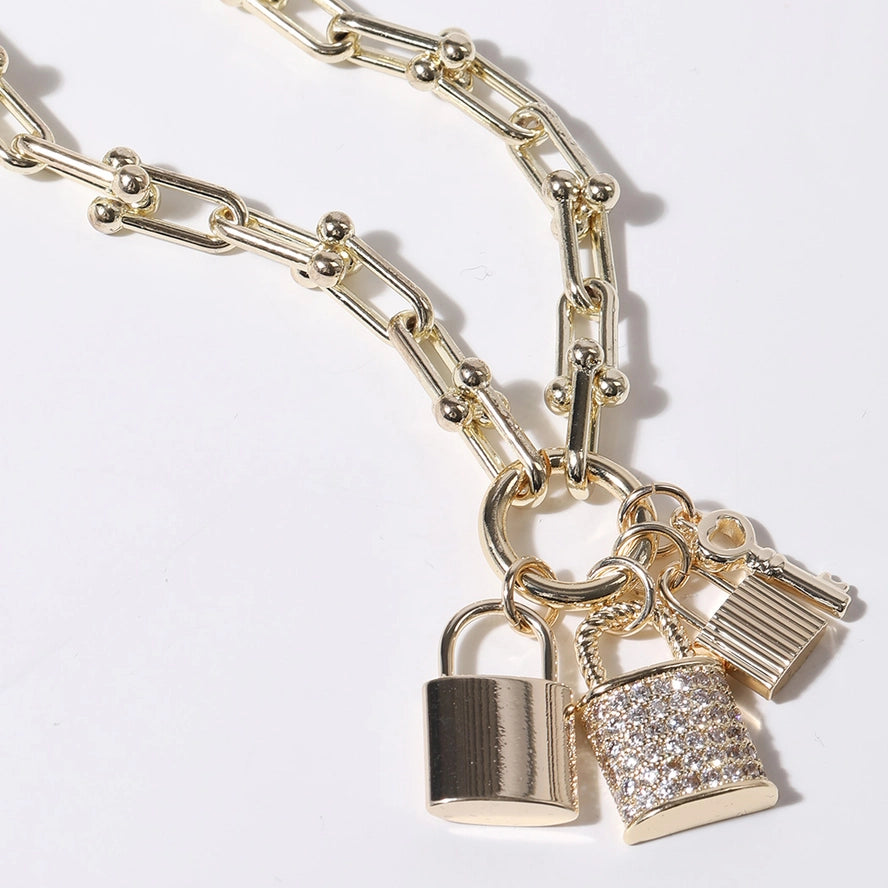 CZ Locks Key Pendant Gold Plated Chain Necklace