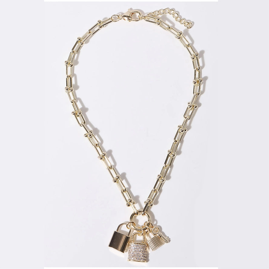 CZ Locks Key Pendant Gold Plated Chain Necklace