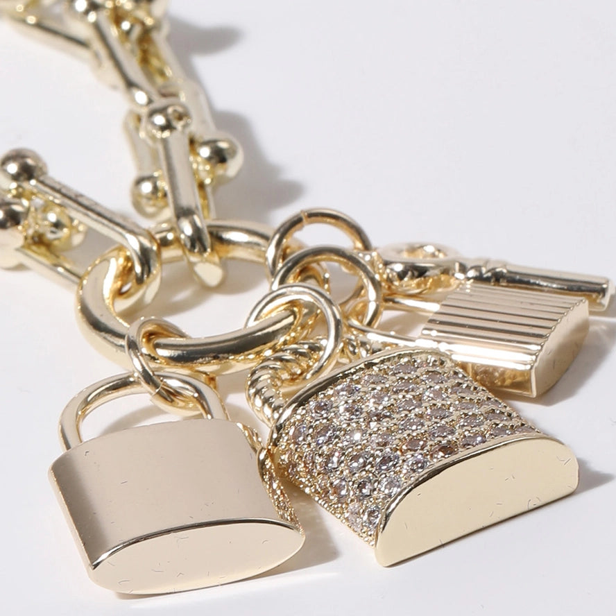 CZ Locks Key Pendant Gold Plated Chain Necklace