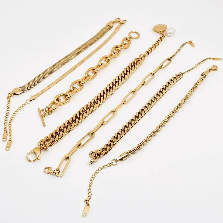 Multi Style 18K Gold Plated Steel Chain Stackable Bracelets - Fgs
